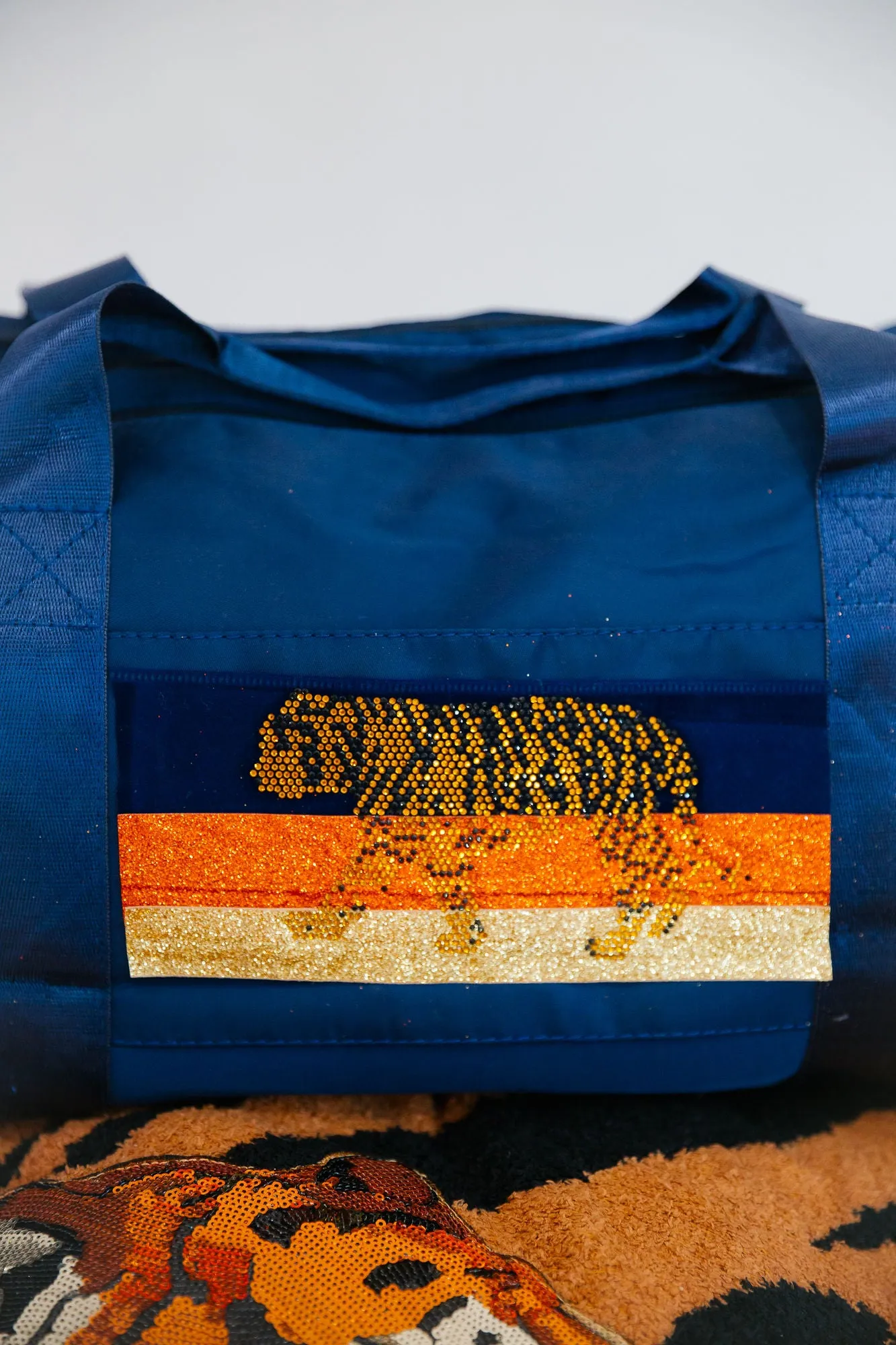 RHINESTONE TIGER NAVY DUFFLE BAG
