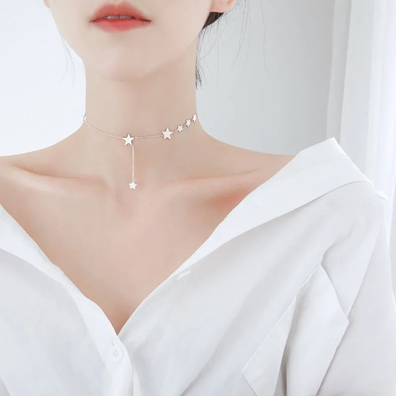 Simple Stars Pendant Tassel Chain Necklace for Women in 925 Sterling Silver