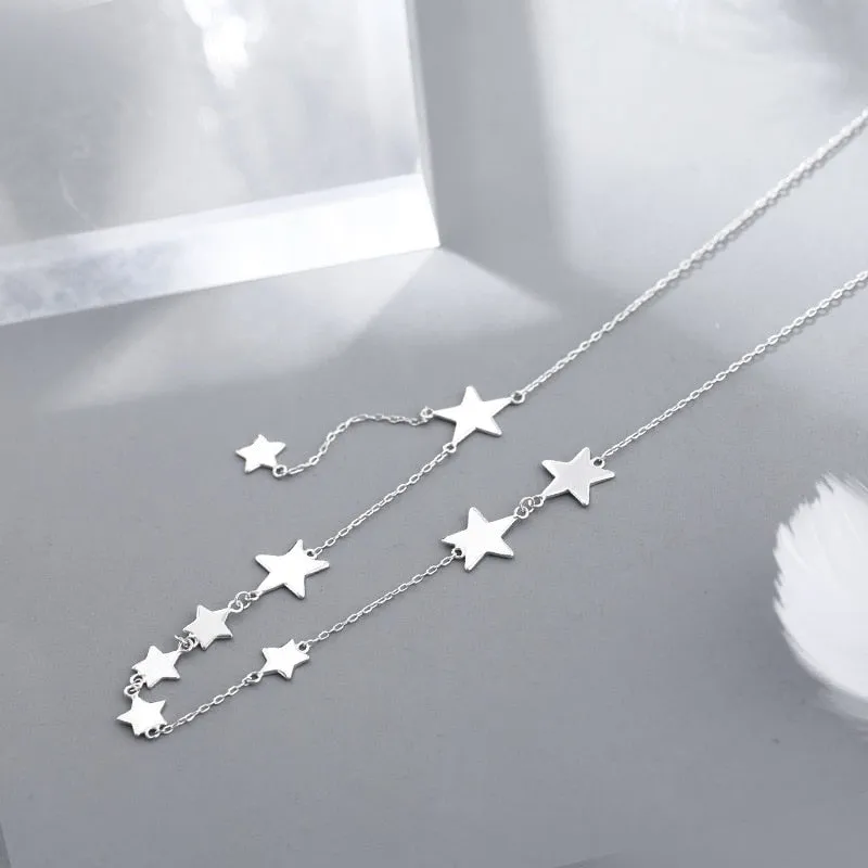 Simple Stars Pendant Tassel Chain Necklace for Women in 925 Sterling Silver