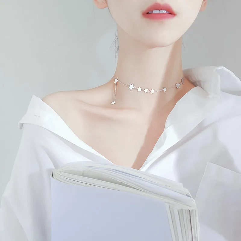 Simple Stars Pendant Tassel Chain Necklace for Women in 925 Sterling Silver