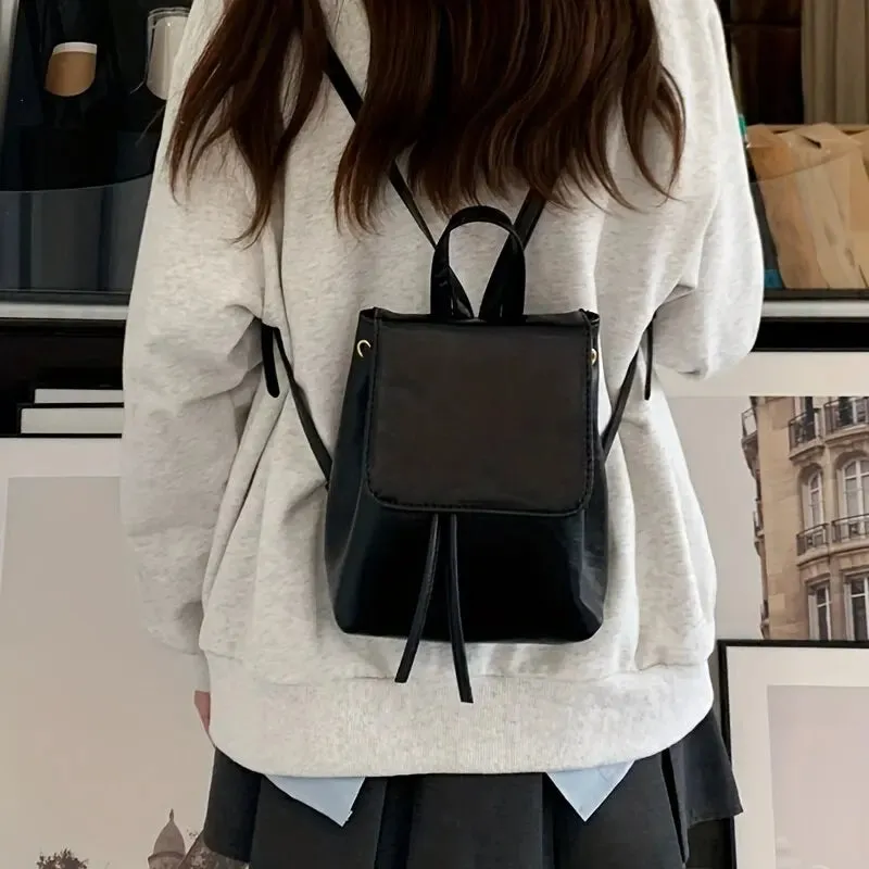 Small Drawstring Flap Backpack Women Mini PU Leather Textured School Backpack Fashion Travel Commuter Bag Girl Bakpacks