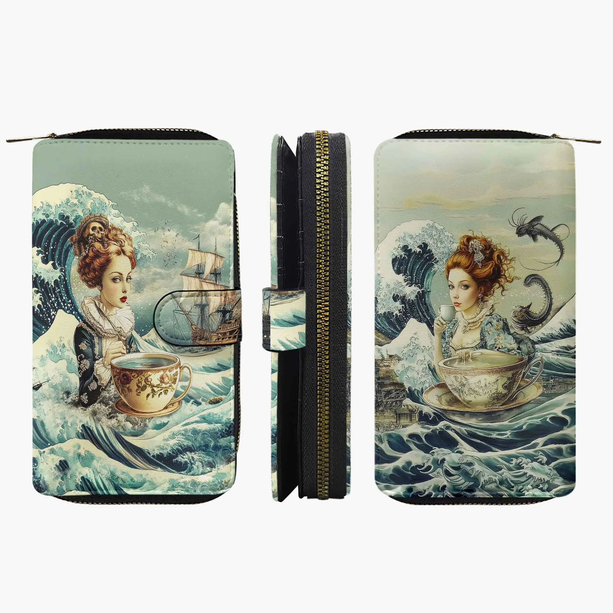 Steampunk Teacups and Great Wave Long Wallet (JPTEA1)