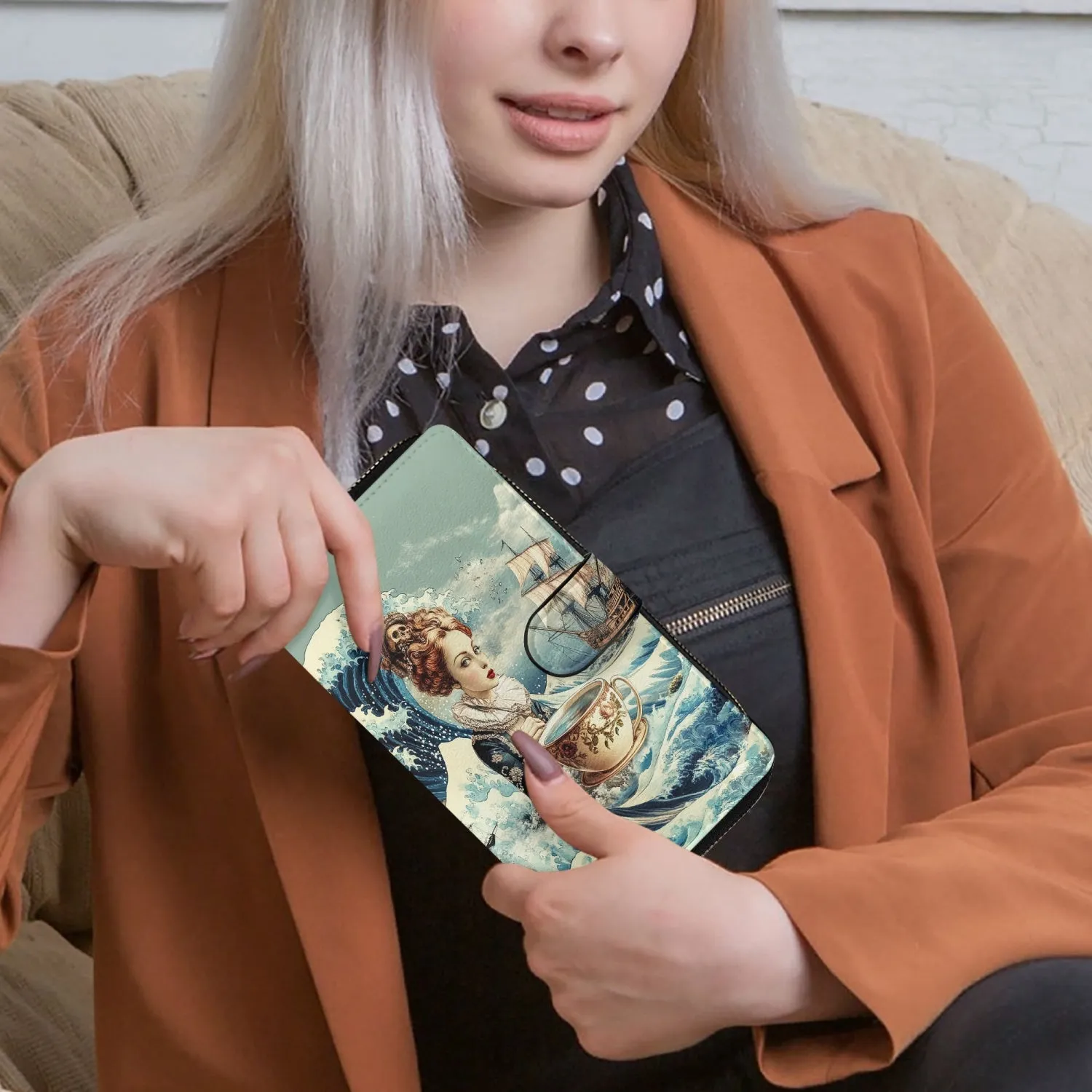 Steampunk Teacups and Great Wave Long Wallet (JPTEA1)