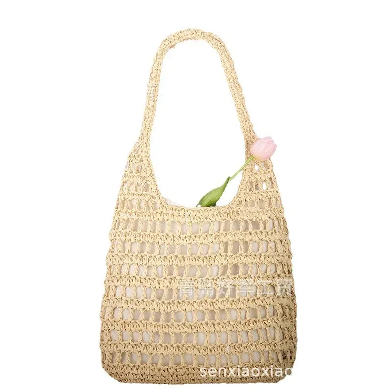 TAVIMART  -  Hollow woven bag, fashionable forest style single shoulder grass woven bag, paper rope women's bag, beach bag (with lining)