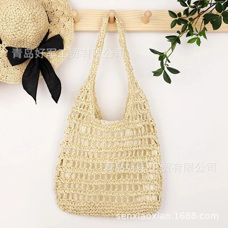 TAVIMART  -  Hollow woven bag, fashionable forest style single shoulder grass woven bag, paper rope women's bag, beach bag (with lining)