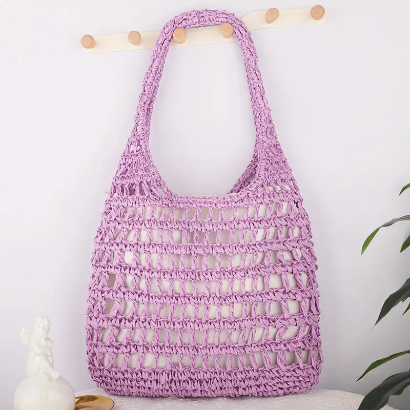 TAVIMART  -  Hollow woven bag, fashionable forest style single shoulder grass woven bag, paper rope women's bag, beach bag (with lining)