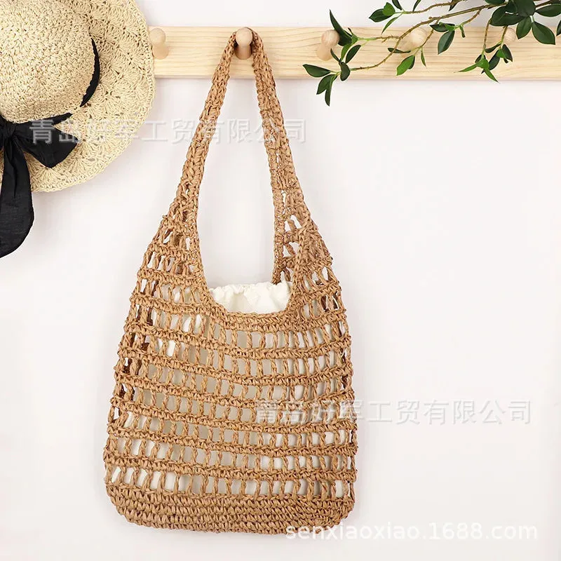 TAVIMART  -  Hollow woven bag, fashionable forest style single shoulder grass woven bag, paper rope women's bag, beach bag (with lining)