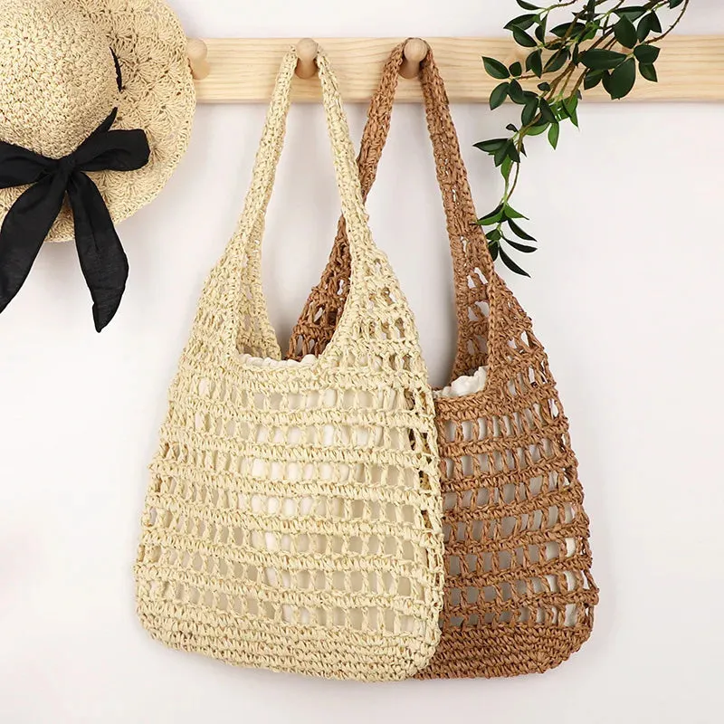 TAVIMART  -  Hollow woven bag, fashionable forest style single shoulder grass woven bag, paper rope women's bag, beach bag (with lining)