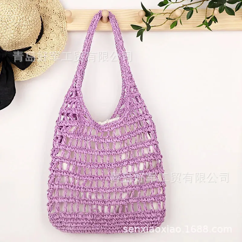 TAVIMART  -  Hollow woven bag, fashionable forest style single shoulder grass woven bag, paper rope women's bag, beach bag (with lining)