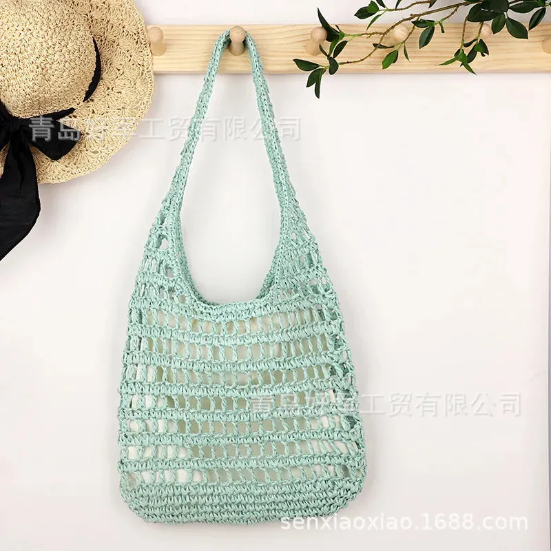 TAVIMART  -  Hollow woven bag, fashionable forest style single shoulder grass woven bag, paper rope women's bag, beach bag (with lining)
