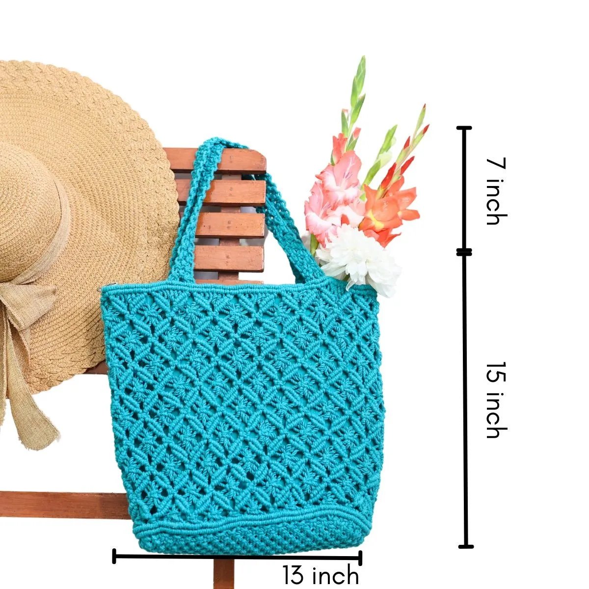 Teal Macrame Tote Bag