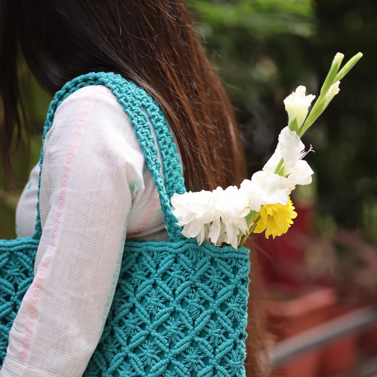 Teal Macrame Tote Bag