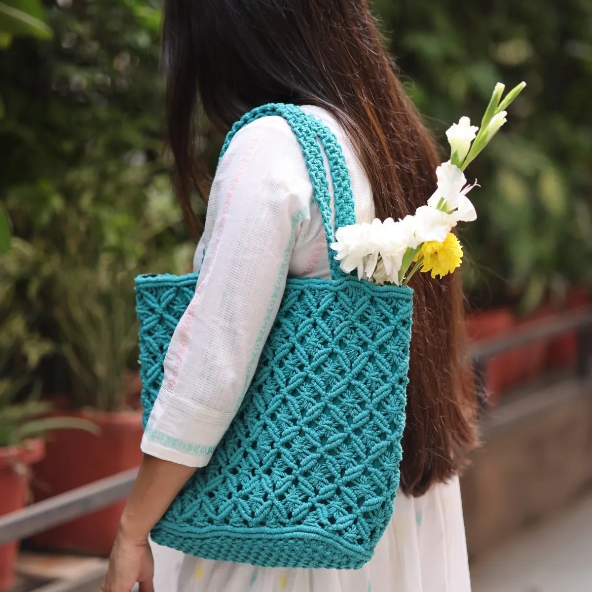 Teal Macrame Tote Bag