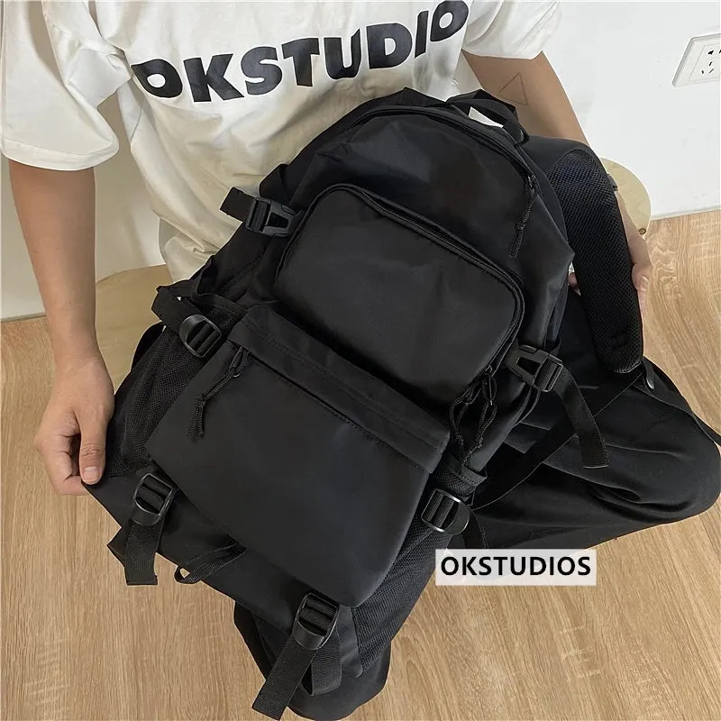 UAKISS  -  Streetwear Pocket Men Nylon Backpack Large Capacity Laptop School Teenager Backpack Causal Black Commuter Travel Men Backpack