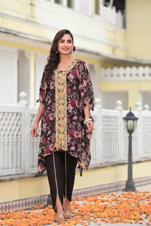 Wine Floral Printed Italian Silk Kaftan Set